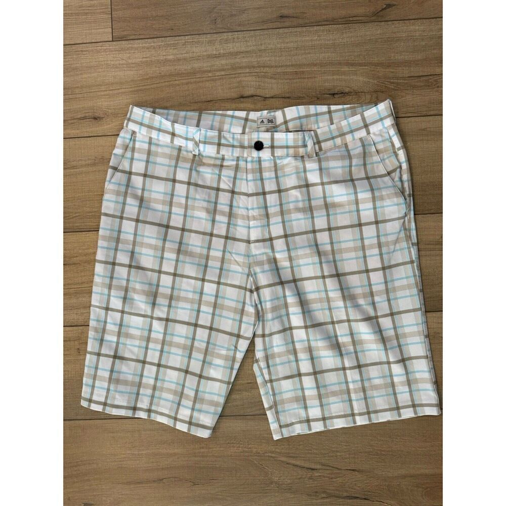 Adidas Shorts Mens 38 Beige Chino Beige Brown‎ Blue Stripes Outdoors Golf Plaid
